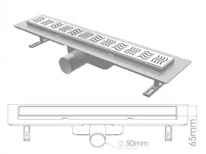 купить Сливной трап горизонтальный D 50, решетка нерж. с площадкой под плитку, 65х700мм волна, NOVA