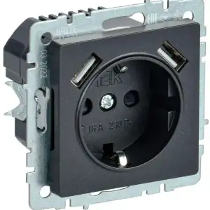 купить Розетка BRITE РЮш10-1-БрЧ 16А с USB A+A 2.1А с заземл. защ. шторки черн. IEK BR-R14-16-U21-D21-K02