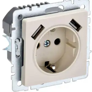 купить Розетка BRITE РЮш10-1-БрКр 16А с USB A+A 2.1А с заземл. защ. шторки беж. IEK BR-R14-16-U21-D21-K10