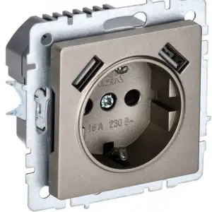 купить Розетка BRITE РЮш10-2-БрШ 16А с USB A+A 3.1А с заземл. защ. шторки шампань IEK BR-R14-16-U21-D31-K37