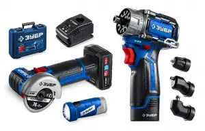 купить ЗУБР набор: дрель-шуруповерт + мини УШМ + LED фонарь, 12 В, 45 Н·м, 2 АКБ тип Т7 (4 и 2 А·ч), кейс, Профессионал (DB-125-42ABF)