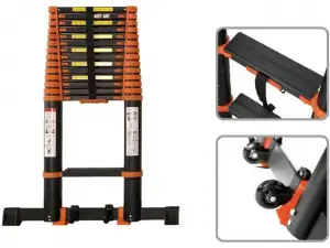 купить Лестница телескопическая 1-секц. алюм. 590см, 15 ступ. 17,0кг BLACK LINE STARTUL (ST9931-059) (ширина ступени 8см, прорезиненные колеса и доп.стабилиз