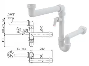 купить Сифон для мойки экономящий пространство cо штуцером и накидной гайкой 6/4, Alcaplast