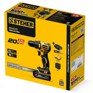 купить STEHER 20 В, 45 Н·м, 2 АКБ LMS (2 А·ч), бесщеточная дрель-шуруповерт, сумка (CB-45-22)
