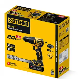 купить STEHER 20 В, 45 Н·м, 1 АКБ LMS (2 А·ч), бесщеточная ударная дрель-шуруповерт (CBS-45-21)