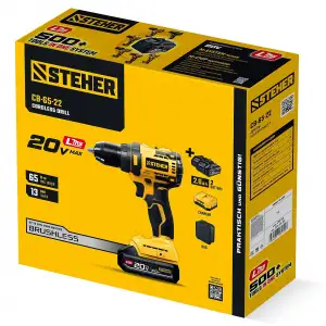 купить STEHER 20 В, 65 Н·м, 2 АКБ LMS (2 А·ч), бесщеточная дрель-шуруповерт, сумка (CB-65-22)
