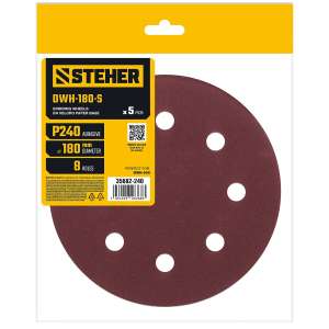 купить STEHER DWH-180-S 180 мм, Р240, шлифовальный круг на липучке, 8 отв., 5 шт. (35682-240)