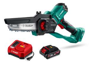 купить ЗУБР 20 В, 150 мм шина, 1 АКБ LMS (2 Ач), мини-пила цепная аккумуляторная (ПЦБ-2015-21)