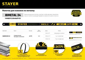 купить STAYER Bimetal-24, 24 TPI, 300 мм, 1 шт, биметаллическое полотно по металлу, Professional (15932-24-1)