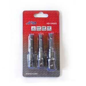 купить Переходник для шуруповерта с 1/4" HEX на квадрат 1/4", 3/8", 1/2", длина 65 и 70 мм, набор 3 пр.