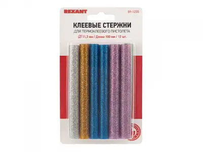 Стержни клеевые d=11,3 мм, L=100 мм, цветные с блестками (упак. 12 шт.) (блистер) REXANT наличный и безналичный расчет