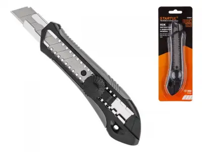 Нож пистолетный с выдвижным лезвием 18мм BLACK LINE STARTUL (ST0924) (ABS+TPR покрытие корпуса) наличный и безналичный расчет