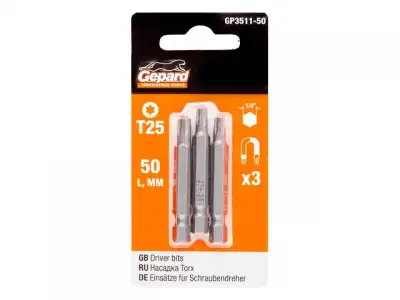 Насадка TORX T25 50мм  3шт GEPARD (GP3511-50) (бита звездочка шестилучевая звезда сталь S2  магнитная) наличный и безналичный расчет