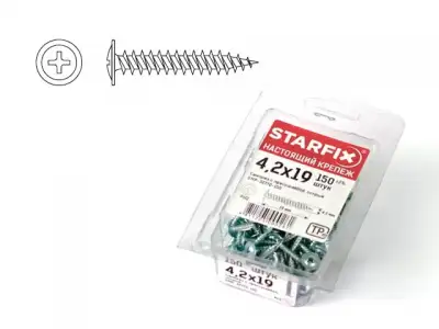 Саморез 4.2х14 мм с прессшайбой, цинк, острый (200 шт в пласт. конт.) STARFIX наличный и безналичный расчет