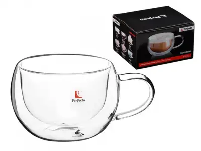 Кружка стеклянная с двойными стенками, 300 мл, серия CAPPUCCINO, PERFECTO LINEA (Стеклянная кружка ручной работы из боросиликатного стекла) наличный и безналичный расчет