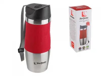 Термокружка с ремешком, 380 мл, нержавеющая сталь, red,  PERFECTO LINEA (в индивидуальной упаковке) наличный и безналичный расчет