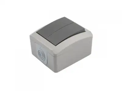 Выключатель двухклавишный KRANZ INDUSTRIAL открытой установки, IP54 серый (REXANT) наличный и безналичный расчет