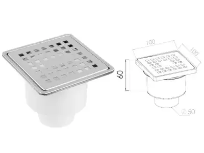 Сливной трап вертикальный D 50 с сухим затвором, с рамкой, решетка нерж. 100х100 мм, AV Engineering наличный и безналичный расчет