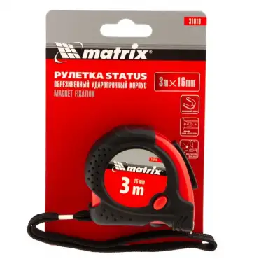 Рулетка Status Magnet fixation,3 м х 16 мм,обрезиненный корпус,зацеп с магнитом Matrix наличный и безналичный расчет