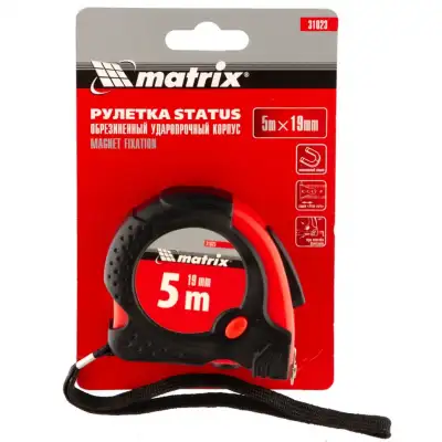 Рулетка Status Magnet fixation,5 м х 19 мм,обрезиненный корпус,зацеп с магнитом Matrix наличный и безналичный расчет