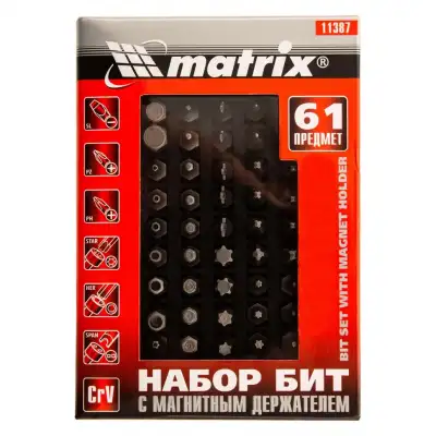 Набор бит с магнитным держателем, CrV, 61 шт. Matrix наличный и безналичный расчет