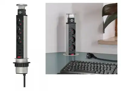 Удлинитель-башня 2м встраиваемый в столешницу (3 роз, 2 USB, H05VV-F 3G1.5) Brennenstuhl (вертикальный выдвижной настольный удлинитель для постоянного наличный и безналичный расчет