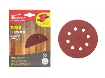Шлифлист 125мм круг Р240 д/дерева самосцепл. 8 отв. 5 шт. WORTEX наличный и безналичный расчет