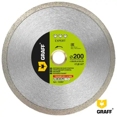 Алмазный диск по керамике 200x7х1,8х30/25,4/22,23 мм GRAFF 