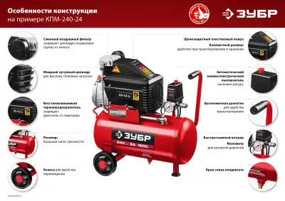 Компрессор воздушный, 240 л/мин, 24 л, 1500 Вт, ЗУБР наличный и безналичный расчет