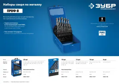 ЗУБР ПРОФ-В 6шт(2-8мм), Набор сверл по металлу, сталь Р6М5, класс В наличный и безналичный расчет