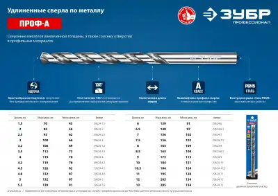 ЗУБР ПРОФ-А 6,0х139мм, Удлиненное сверло по металлу, сталь Р6М5, класс А наличный и безналичный расчет