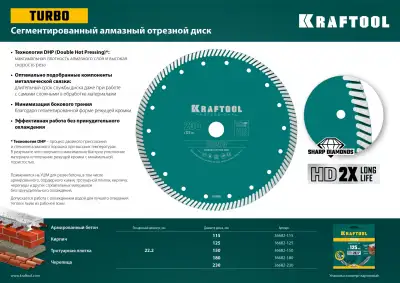 TURBO 115 мм, диск алмазный отрезной сегментированный по армированному бетону, кирпичу, KRAFTOOL наличный и безналичный расчет