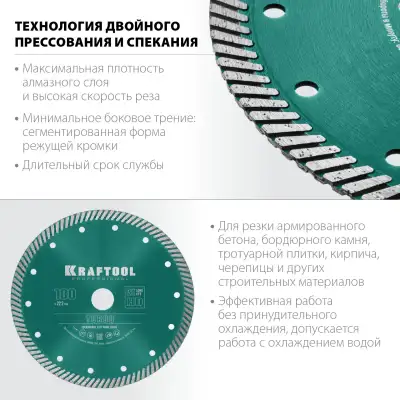 TURBO 180 мм, диск алмазный отрезной сегментированный по армированному бетону, кирпичу, KRAFTOOL наличный и безналичный расчет