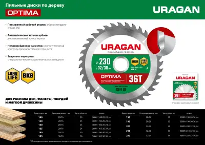 URAGAN Optima 185х30/20мм 30Т, диск пильный по дереву наличный и безналичный расчет