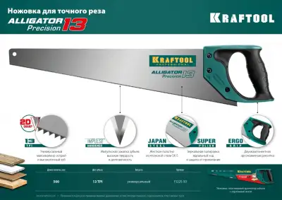 Ножовка для точного реза ″Alligator Precision 13″ 500 мм, 13 TPI универсальный зуб, KRAFTOOL наличный и безналичный расчет