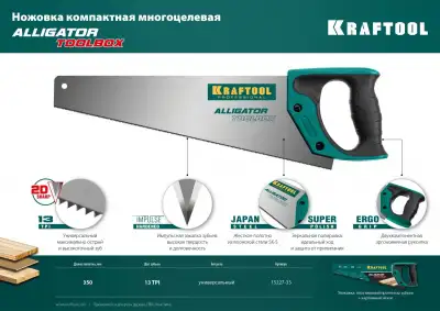 Ножовка (пила) ″Alligator TOOLBOX 13″ 350 мм, 13 TPI, специальный зуб, компактная, точный рез всех видов материалов, KRAFTOOL наличный и безналичный расчет