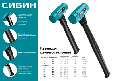 Цельностальная кувалда с удлинённой рукояткой СИБИН 6 кг 600 мм наличный и безналичный расчет