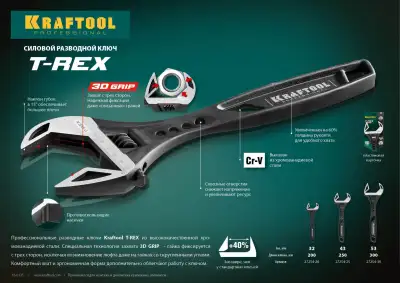 Ключ разводной силовой T-REX, 300 / 53 мм, KRAFTOOL наличный и безналичный расчет
