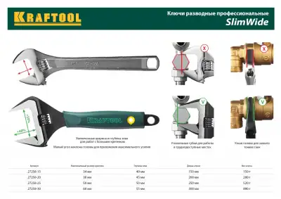 Ключ разводной SlimWide, 250 / 50 мм, KRAFTOOL наличный и безналичный расчет