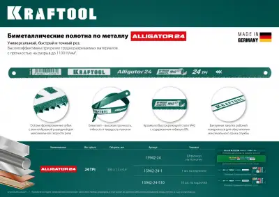 Биметаллическое гибкое полотно по металлу KRAFTOOL 24 TPI, быстрый рез, 300 мм, волнообразная разводка, 1 шт, Alligator-24 наличный и безналичный расчет