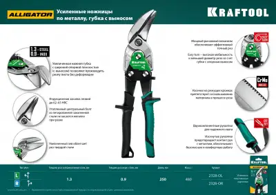 KRAFTOOL Alligator Левые усиленные ножницы по металлу с выносом, 250 мм наличный и безналичный расчет