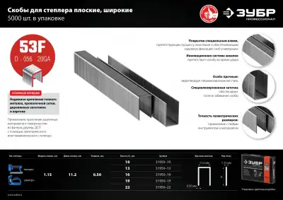 ЗУБР 10 мм скобы для степлера плоские тип 53F, 5000 шт наличный и безналичный расчет