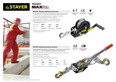 Лебедка STAYER ″MAXPull″ рычажная, тросовая, 1т/1,8м наличный и безналичный расчет