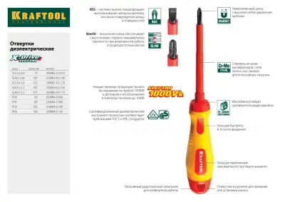 Набор высоковольтных отверток ″Х-Drive ELECTRO″, SL: 2,5, 4, 5,5, 6,5, PH: № 0, 1, 2, пробник, до 1000В, KRAFTOOL наличный и безналичный расчет