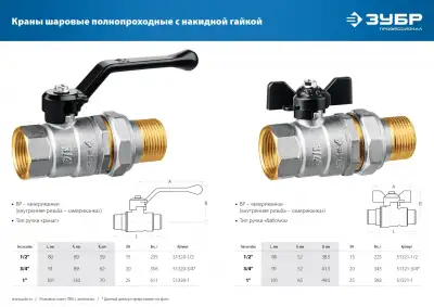 Кран шаровой ЗУБР полнопроходной с накидной гайкой ″мама-папа″, ручка, никелированная латунь, 1/2″ наличный и безналичный расчет