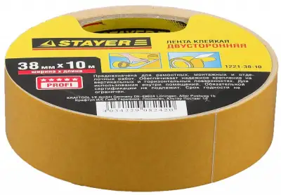 Двухсторонняя клейкая лента на полипропиленовой основе, STAYER 1221-38-10, 38мм х 10м наличный и безналичный расчет