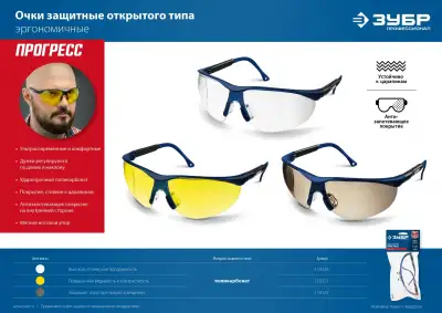 Защитные жёлтые очки ЗУБР ПРОТОН линза увеличенного размера, открытого типа наличный и безналичный расчет