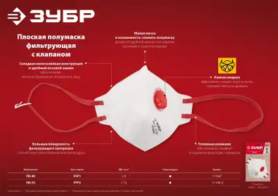 Плоская фильтрующая полумаска ЗУБР ПК-80, класс защиты FFP1, с клапаном выдоха наличный и безналичный расчет