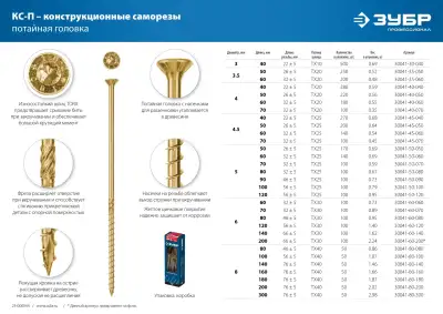 Конструкционные саморезы КС-П 60 х 4.5 мм, 140 шт., желтый цинк, ЗУБР наличный и безналичный расчет