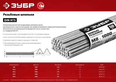 Шпилька резьбовая DIN 975, М10x1000мм, 25 шт, класс прочности 4.8, оцинкованная, ЗУБР наличный и безналичный расчет